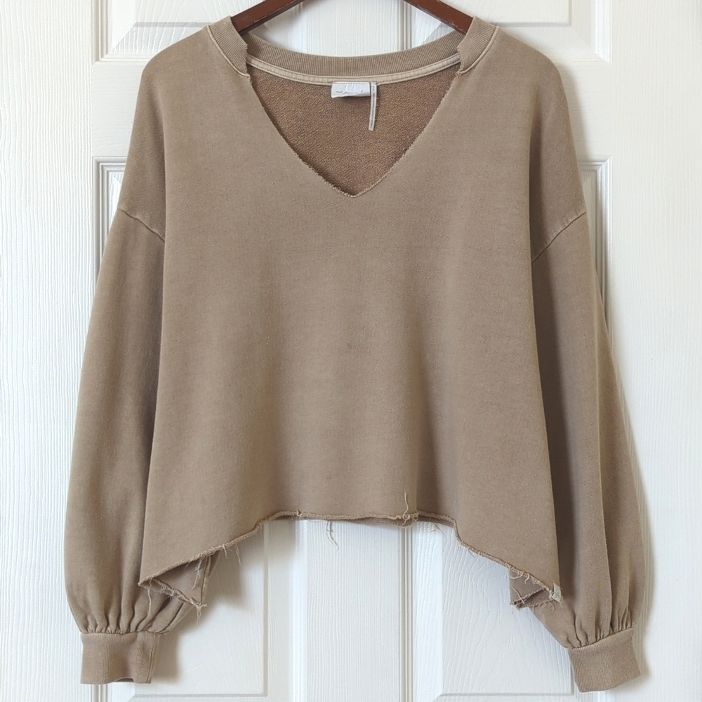 Out From Under Oversized Pullover Notch Neck Balloon Sleeve Sweatshirt Beige S